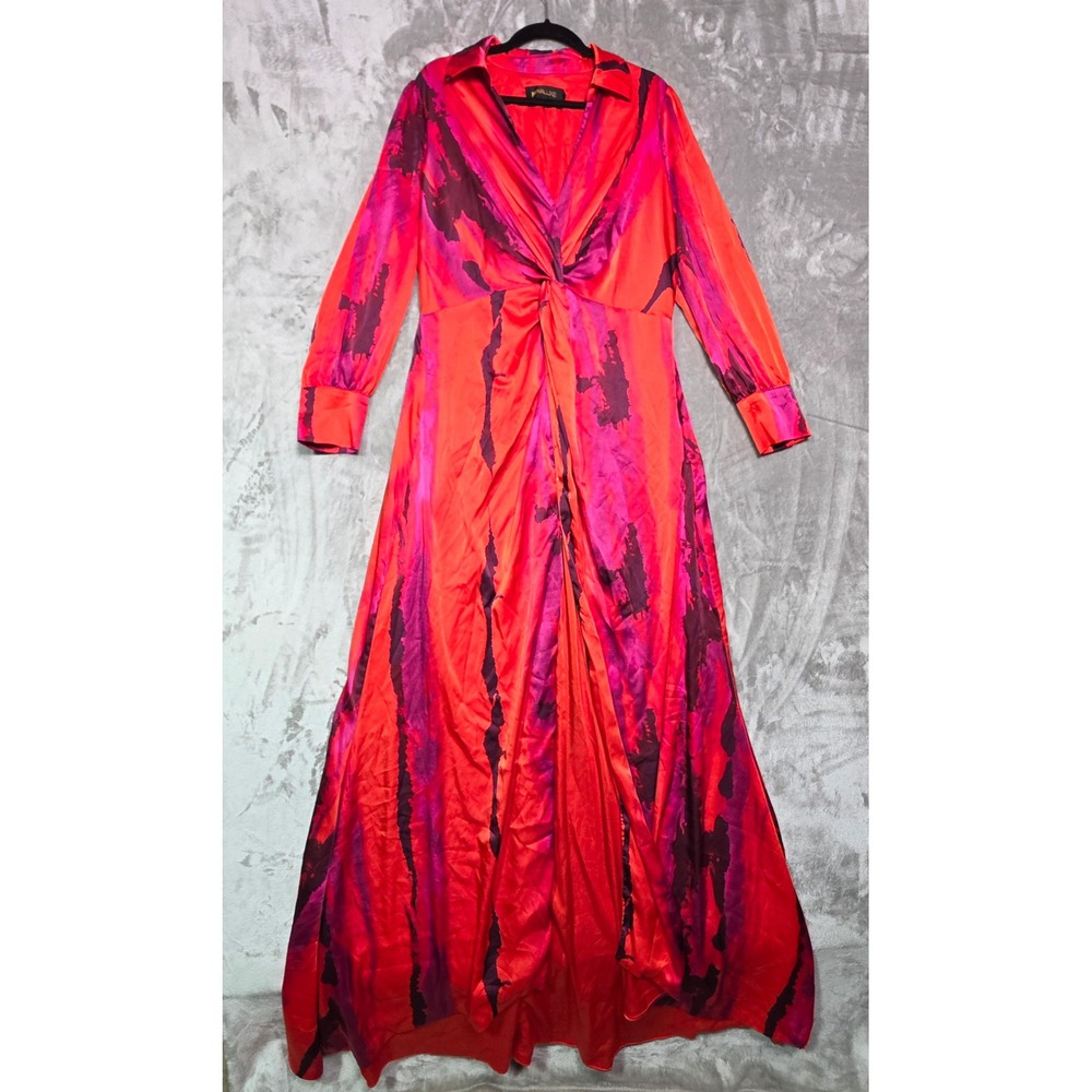 Nova Luxe Red Pink Abstract Satin Twist Front Maxi Dress 1X open bottom front